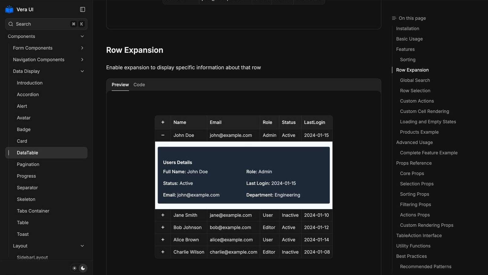Vera UI Data table component in docs