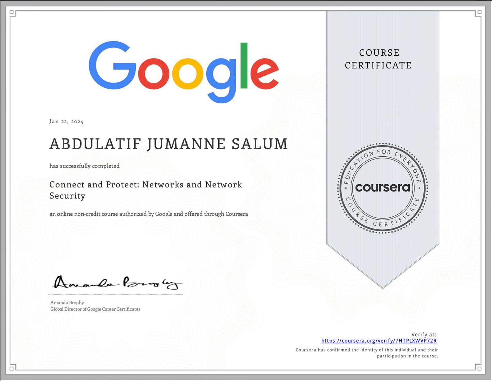 Connect and Protect: Networks and Network Security certificate issued by Coursera