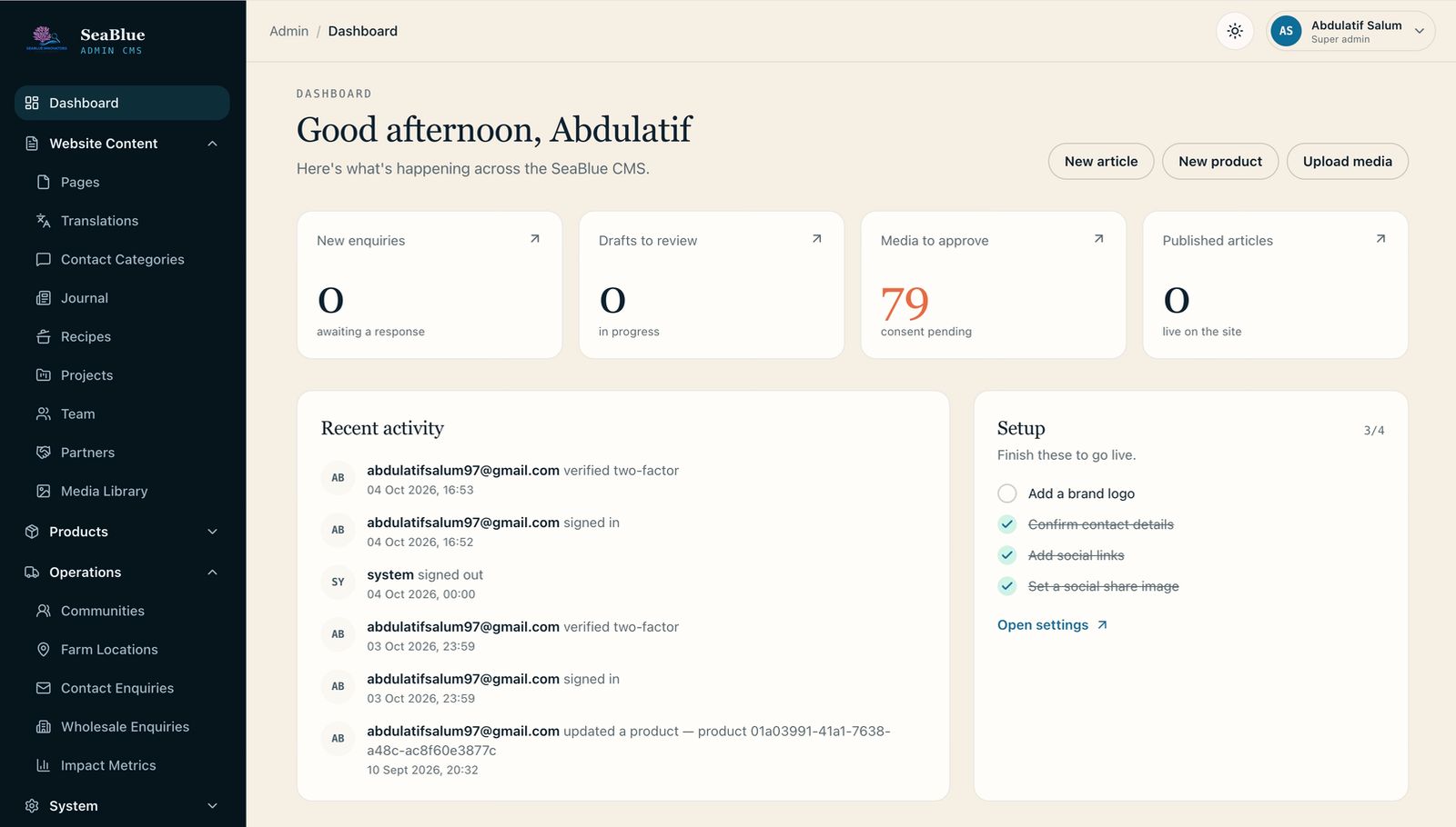 Seablue Innovators Admin custom CMS dashboard