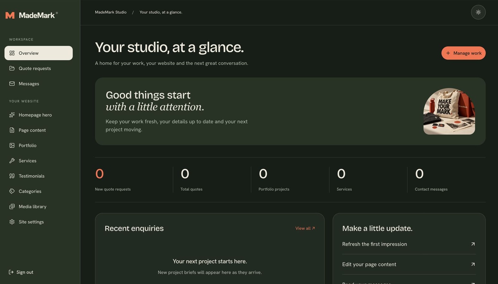 Mademark Admin CMS Workspace in Darkmode