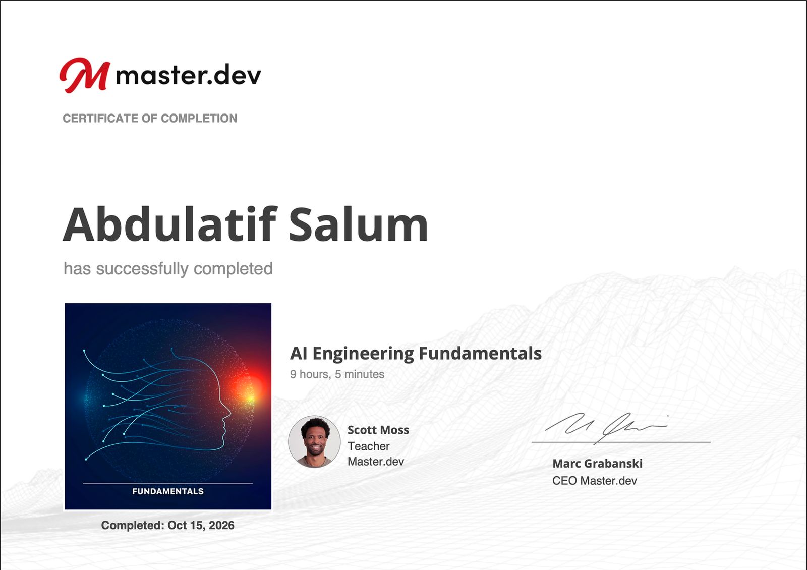 Al Engineering Fundamentals certificate issued by Master.dev