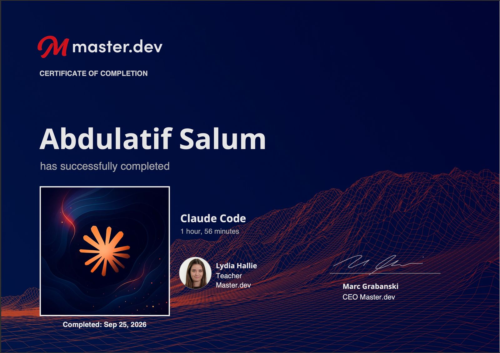 Claude Code certificate issued by Master.dev