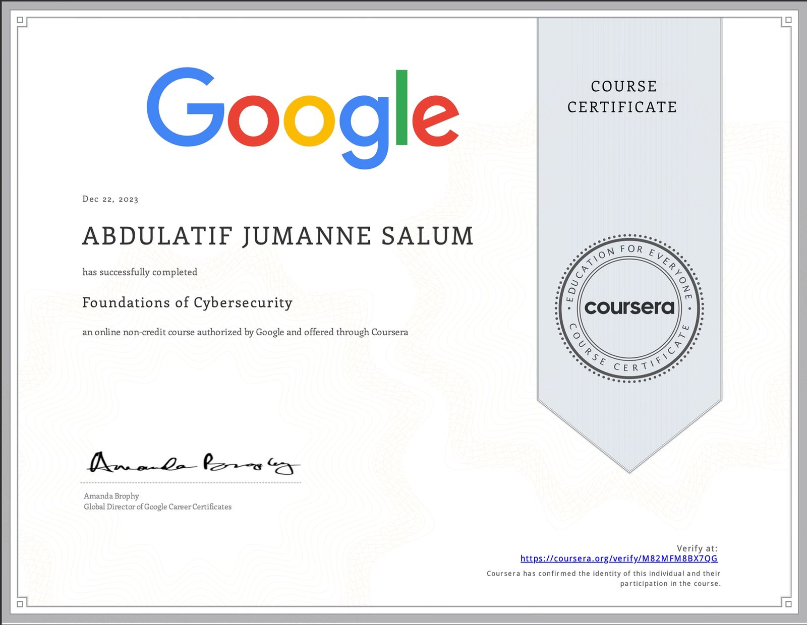 Foundations of Cybersecurity certificate issued by Coursera
