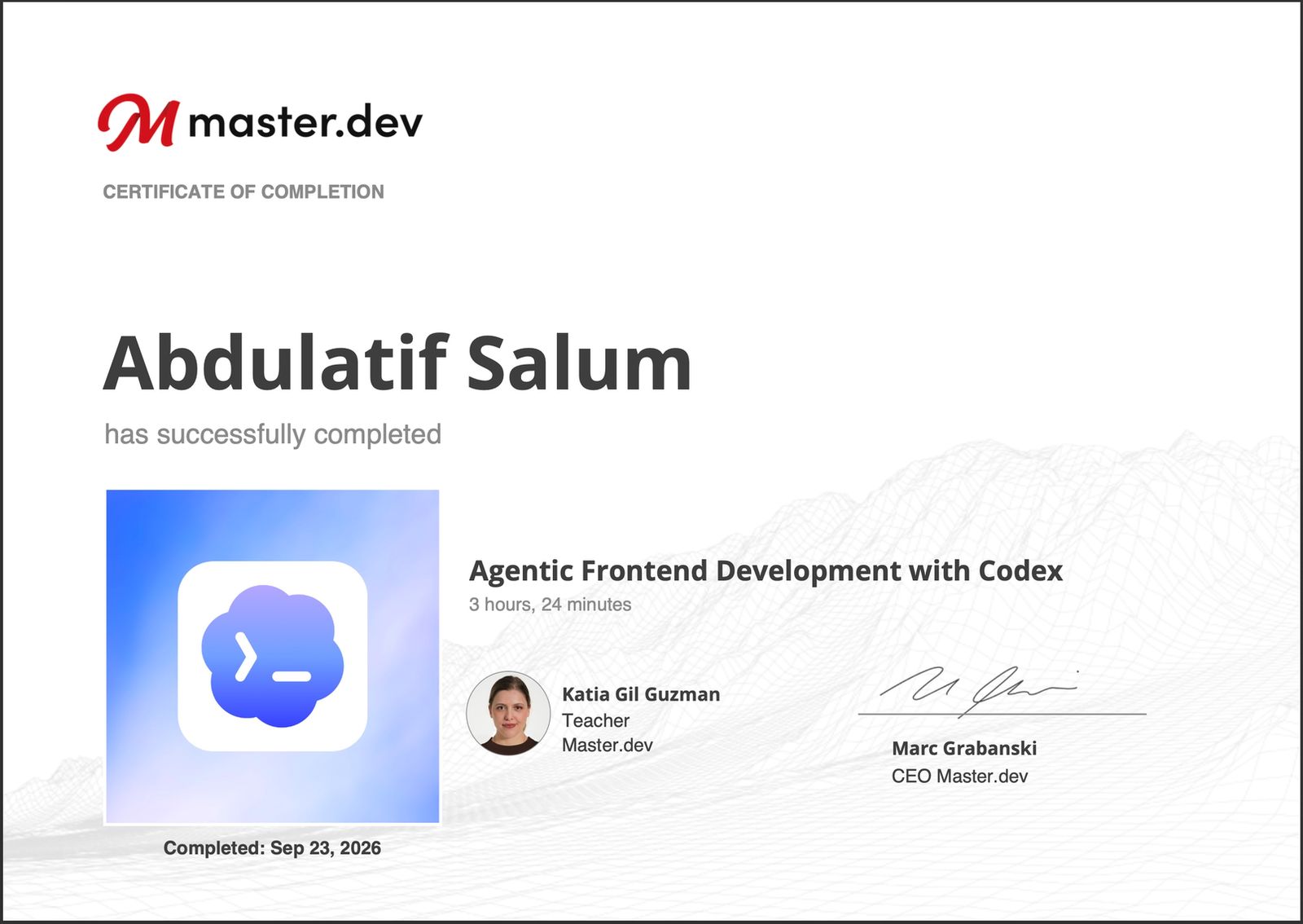 Agentic Frontend Development with Codex certificate issued by Master.dev