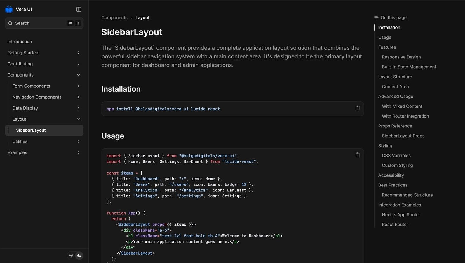 VeraUI sidebar component in docs